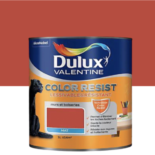 Peinture murs et boiseries Dulux Valentine Color resist rouge feu mat 1L