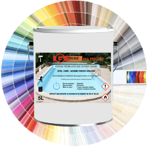 Gpeint Piscine 5L Peinture acrylique en phase solvant pour piscines en béton, ciment, et ancienne peinture acrylique. A la couleur de votre choix du nuancier RAL.
