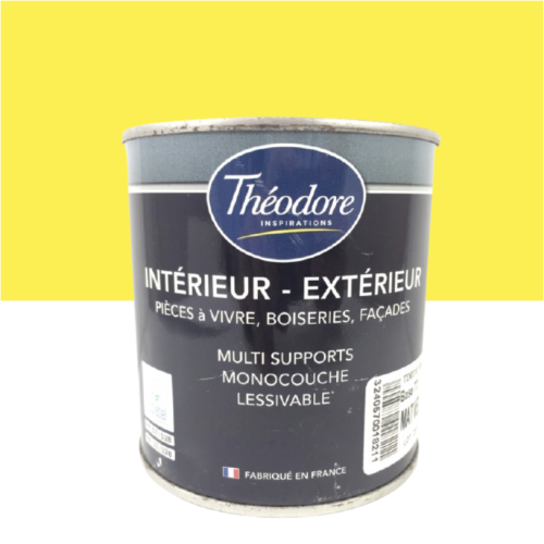 Théodore peinture acrylique mat velours multi-supports 0,5 L  jaune base 3240570018211 intérieur et extérieur, monocouche, lessivable, pièces à vivre, boiseries, façades
